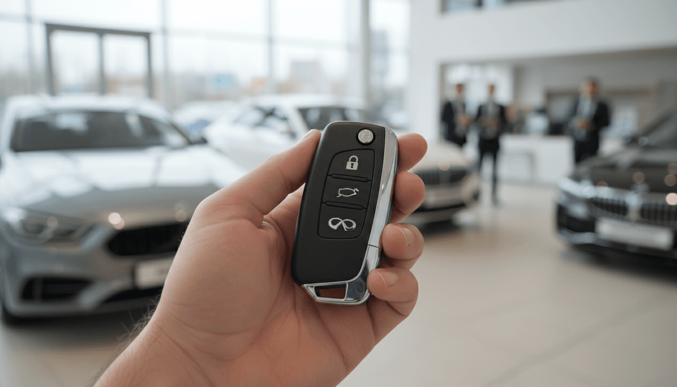 Hand holding car key in front of dealership