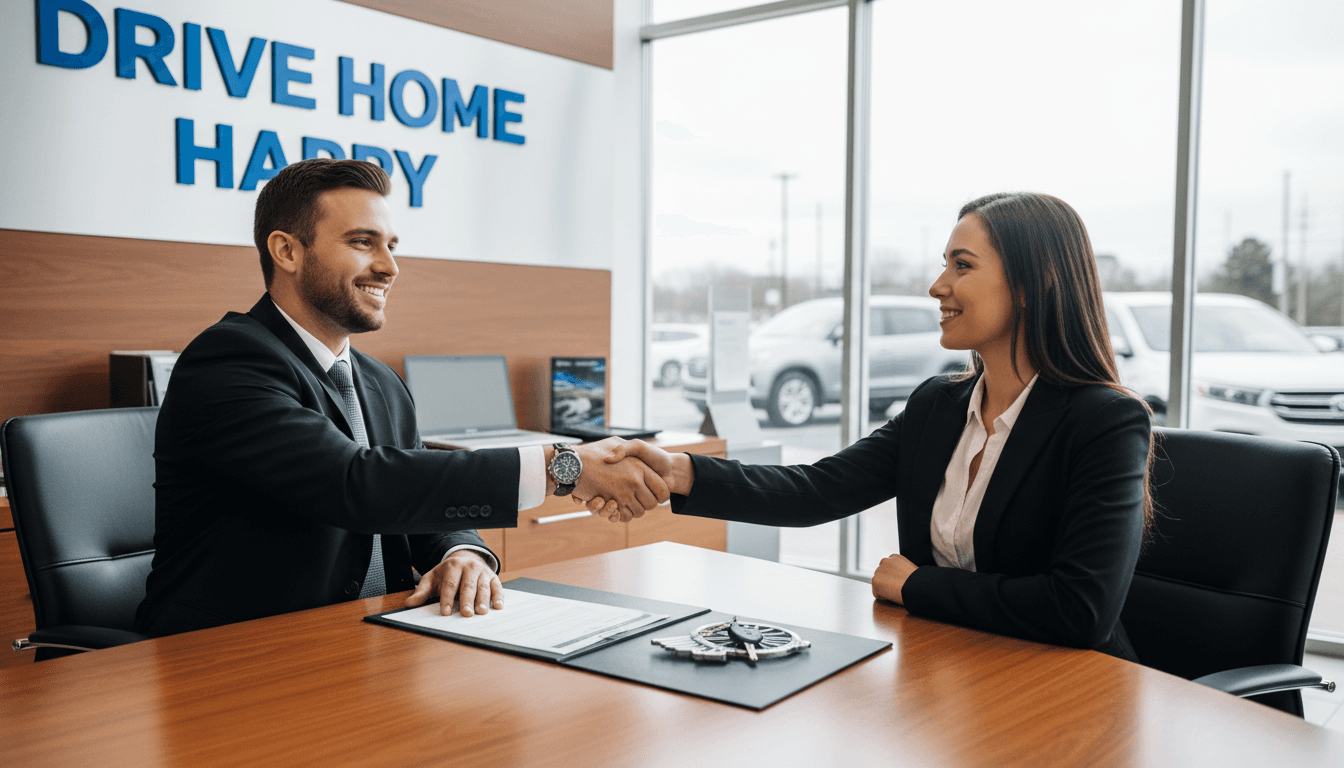 Business handshake in an automotive office