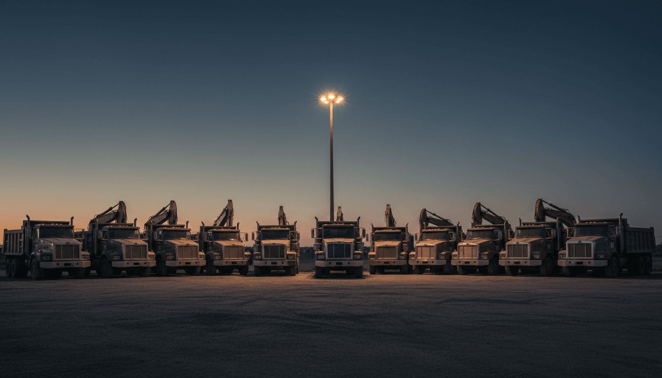 Row of vehicles on a dealership lot at dusk