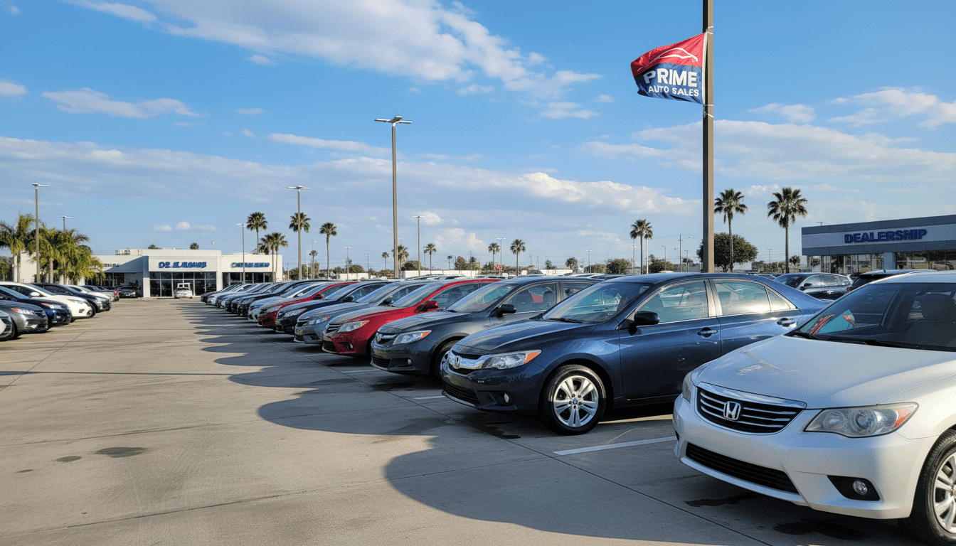 Row of polished cars at a dealership lot