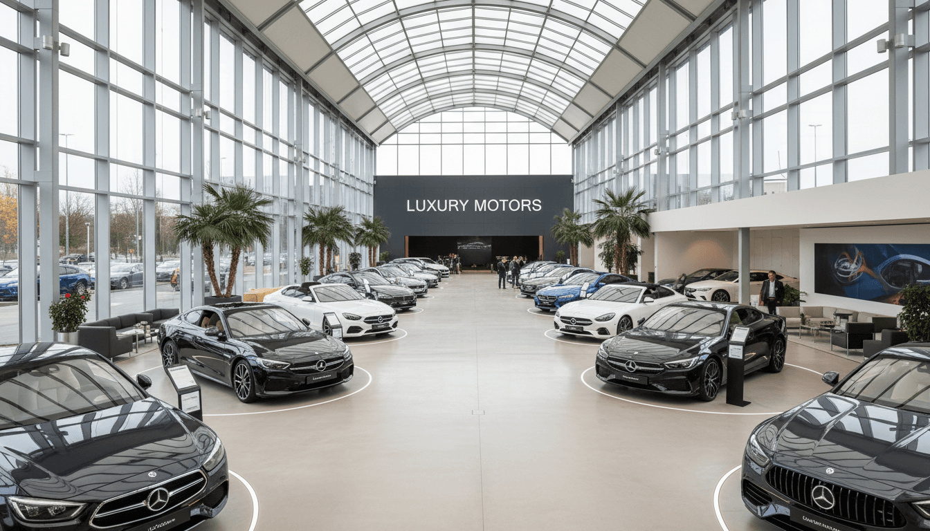 Rows of vehicles in a clean dealership showroom