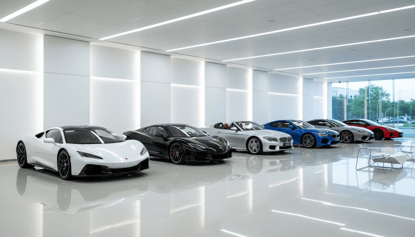 Row of polished vehicles in a bright modern showroom
