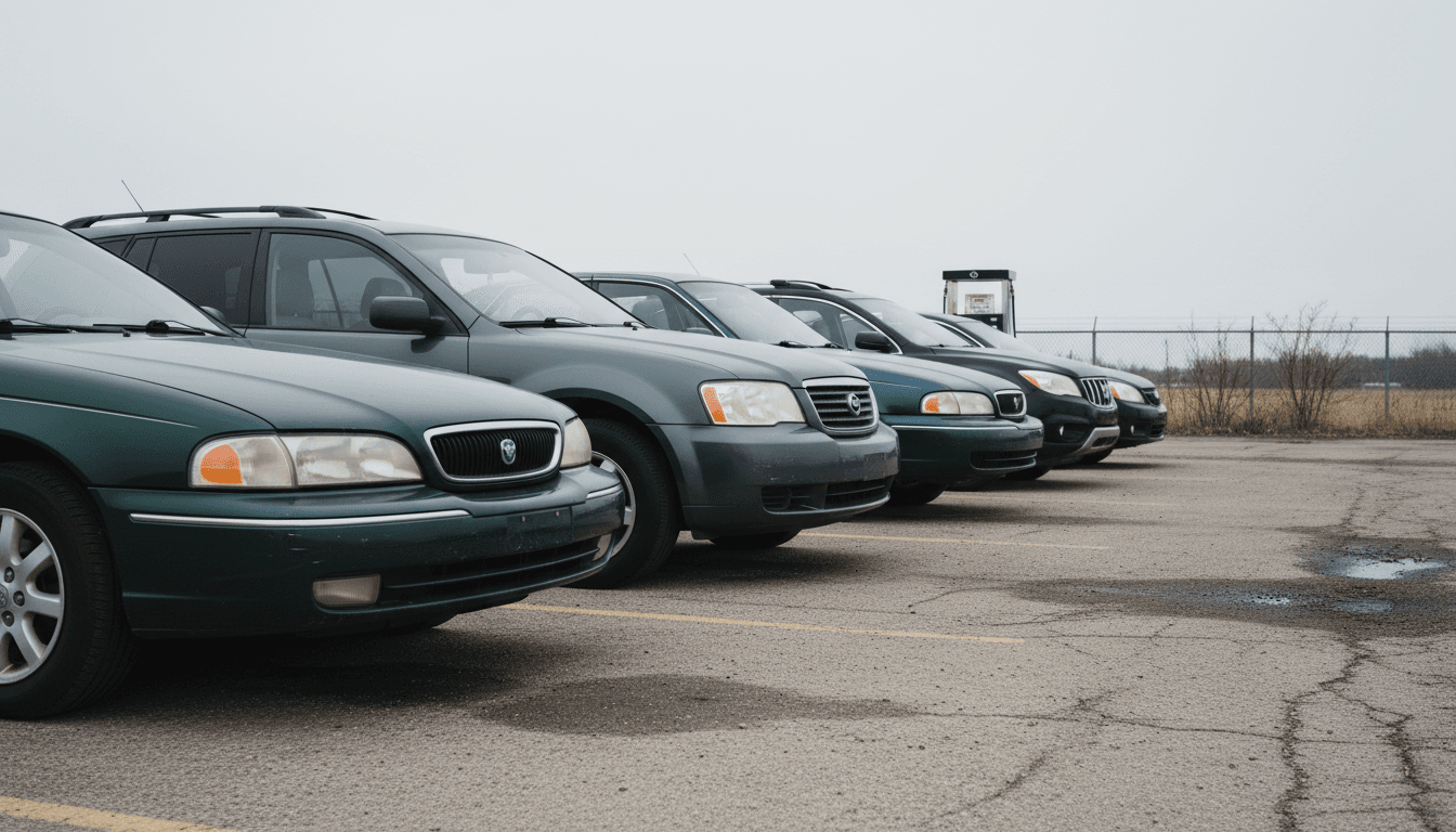 Row of parked sedans and SUVs on a wholesale lot