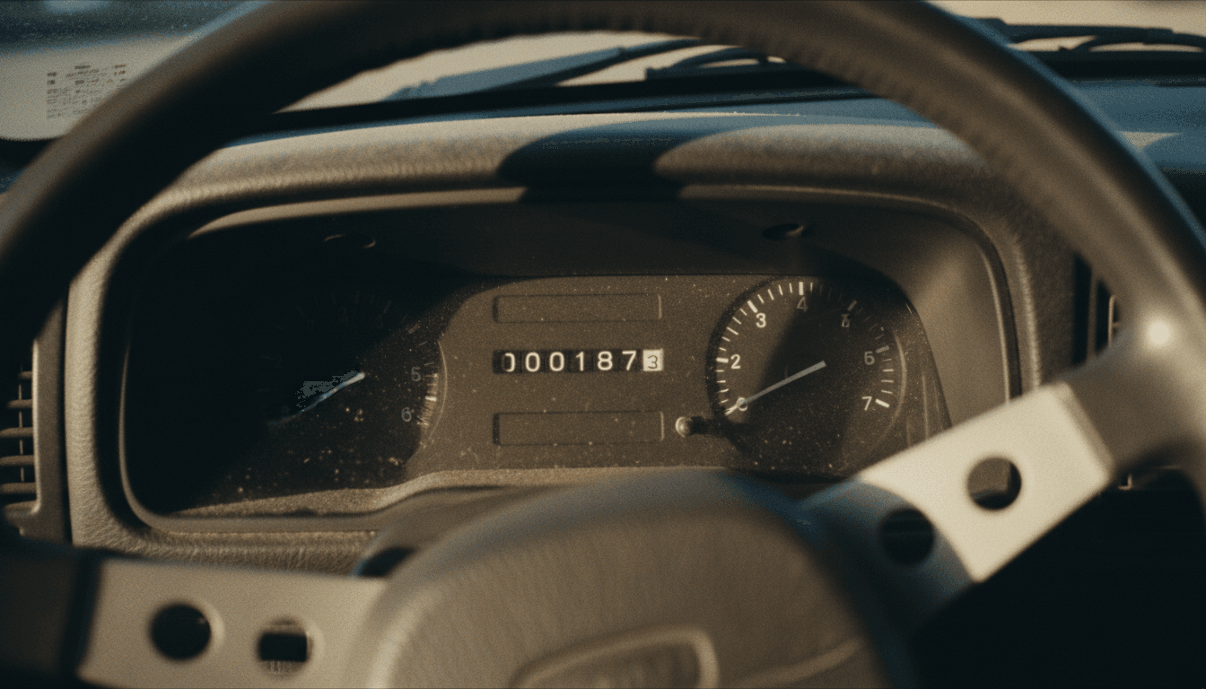 Close-up of a clean dashboard odometer showing low mileage