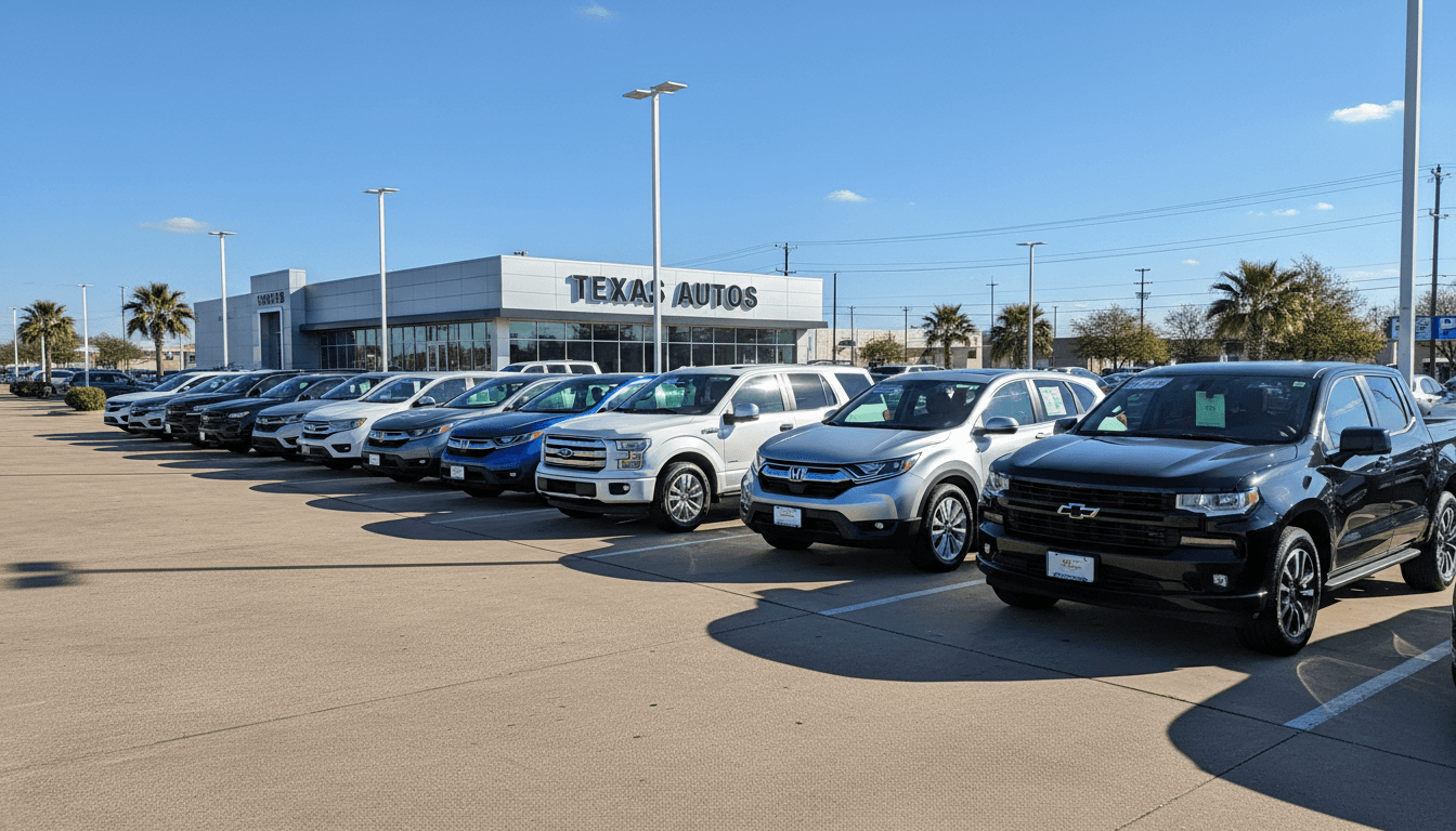Row of clean pre-owned vehicles on a dealership lot under bright Texas sun