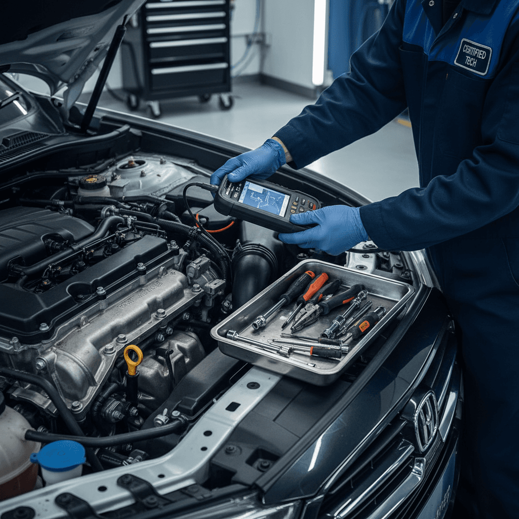 Mechanic inspecting a vehicle in a repair shop
